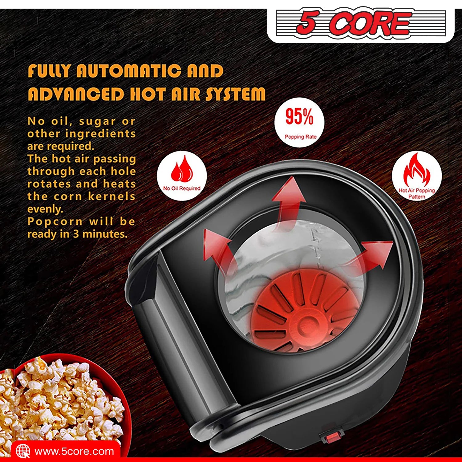 5Core Hot Air Popcorn Machine, 16 Cup, Electric Oil-Free Pop Corn Kernel Popper Bpa-Free Food Safe Black