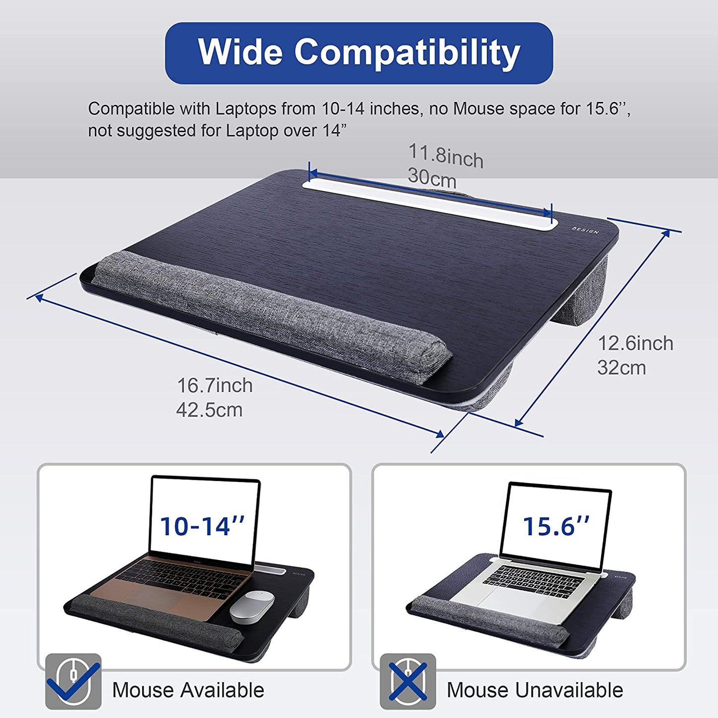 LT08 Laptop Stand, Portable Lap Desk with Pillow Cushion, Fits up to 14 Inch Laptop, with Anti-Slip Strip for Desk, Sofa & Bed, Black