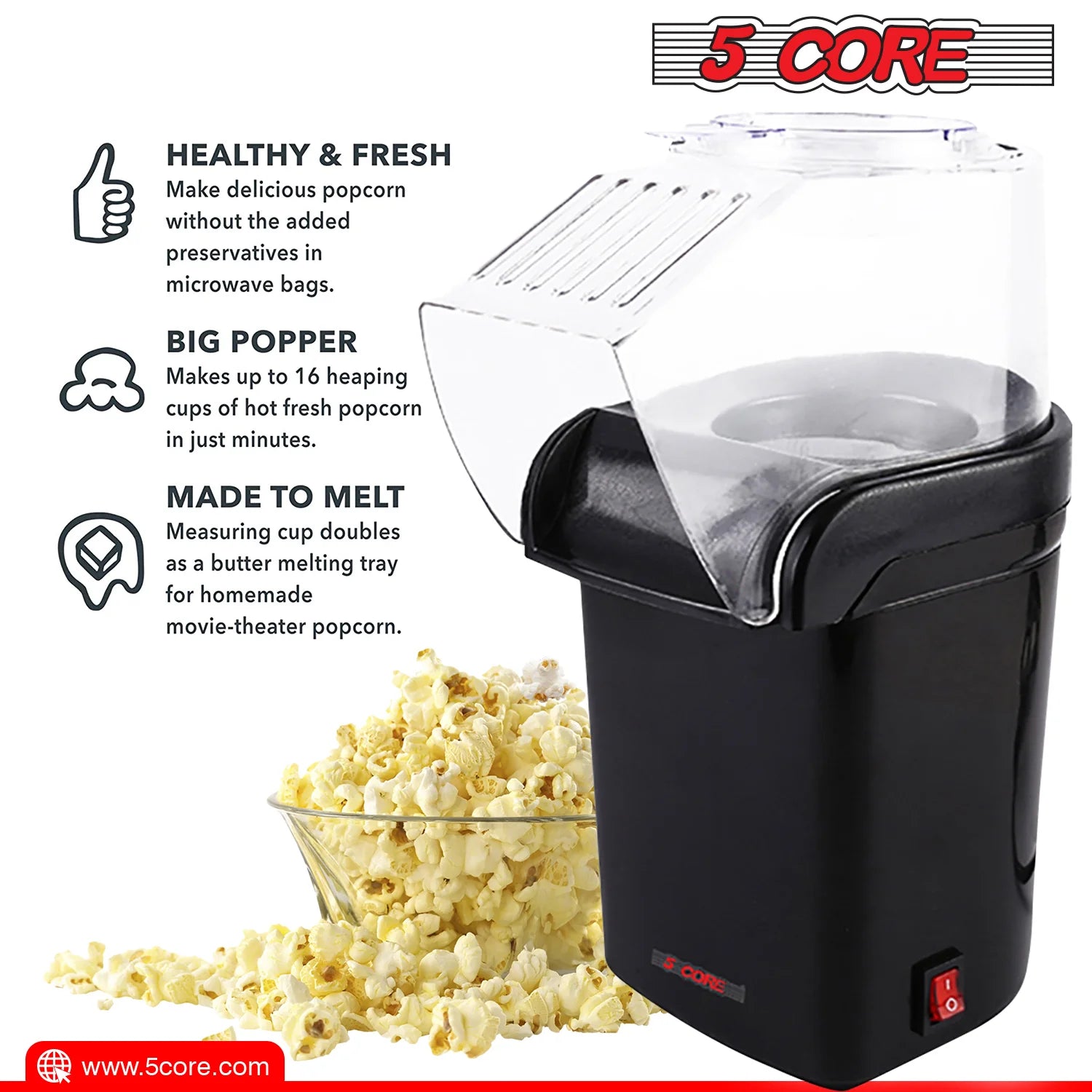 5Core Hot Air Popcorn Machine, 16 Cup, Electric Oil-Free Pop Corn Kernel Popper Bpa-Free Food Safe Black