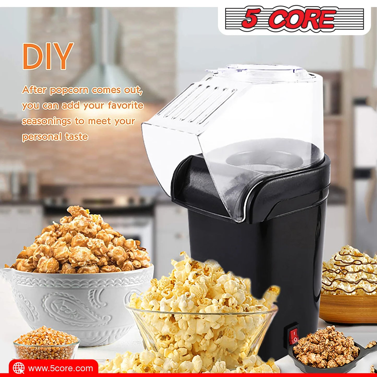 5Core Hot Air Popcorn Machine, 16 Cup, Electric Oil-Free Pop Corn Kernel Popper Bpa-Free Food Safe Black