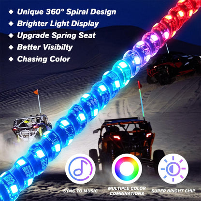 "2-Pack 3Ft RGB LED Whip Lights with Bluetooth & Remote Control - Light Up Your Off-Road Adventure!"